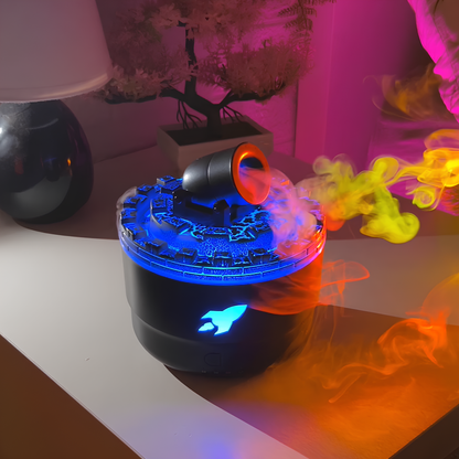 Schwarzer Aromadiffusor mit LED-Beleuchtung, blauer und gelber Dampf, modernes Design.