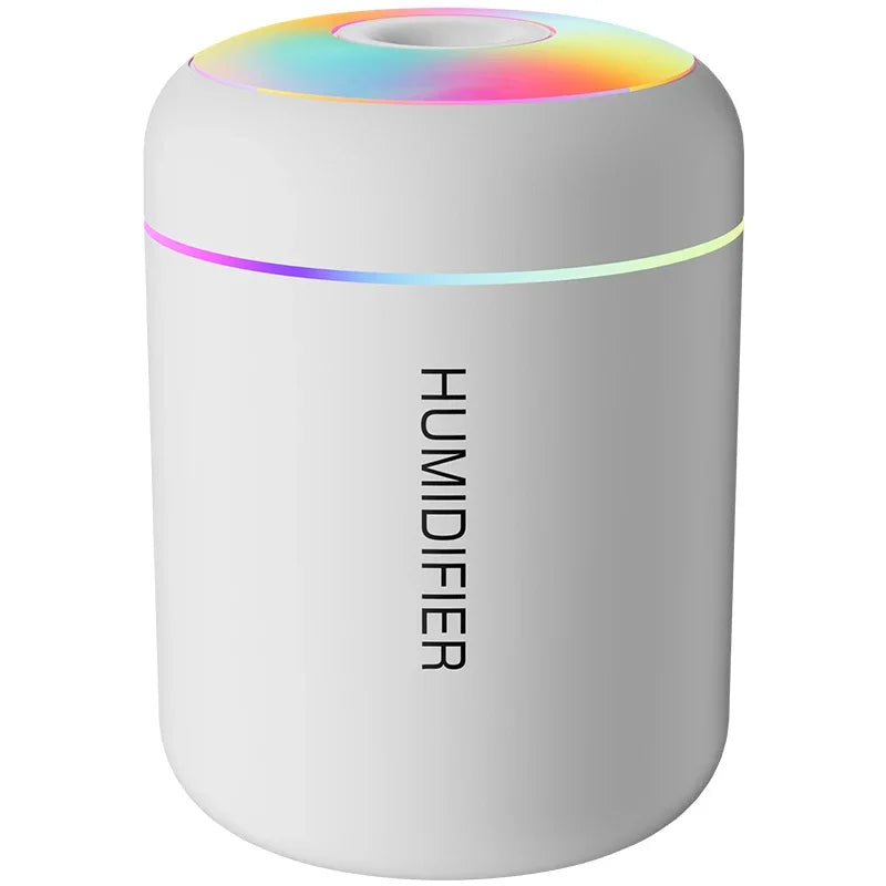 Weißer Luftbefeuchter mit LED-Licht, zylindrisch, modern, für Raumklima, USB-betrieben.