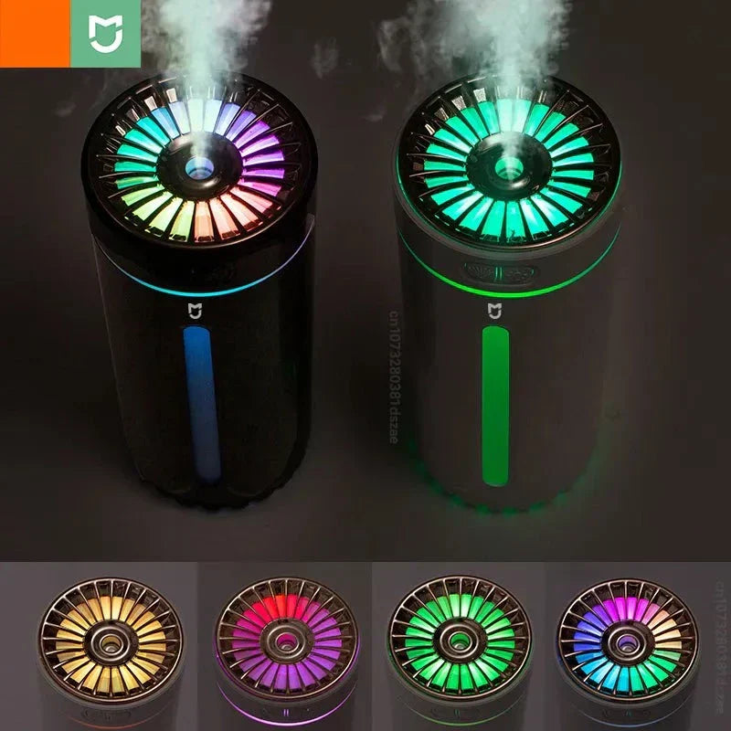 Zwei schwarze Luftbefeuchter mit LED-Beleuchtung, farbwechselnd, modern, stilvoll, für Zuhause.