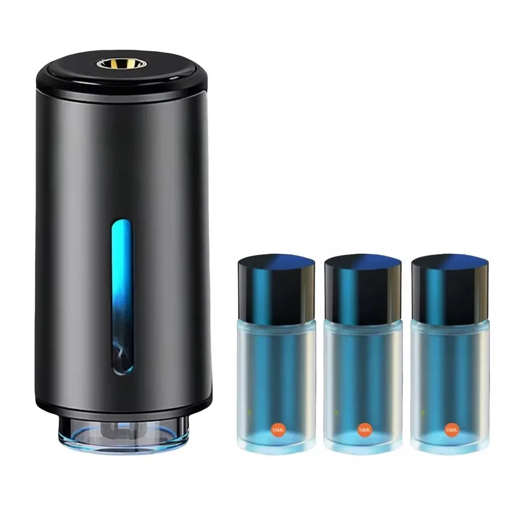 Schwarzer elektrischer Duftzerstäuber mit drei blauen Nachfüllflaschen, modernes Design.
