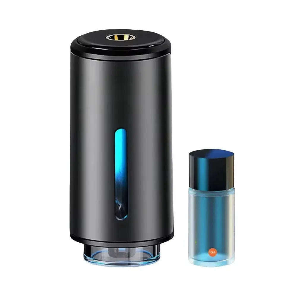 Schwarzer elektrischer Lufterfrischer mit blauer LED und Duftflasche, modern und stilvoll.