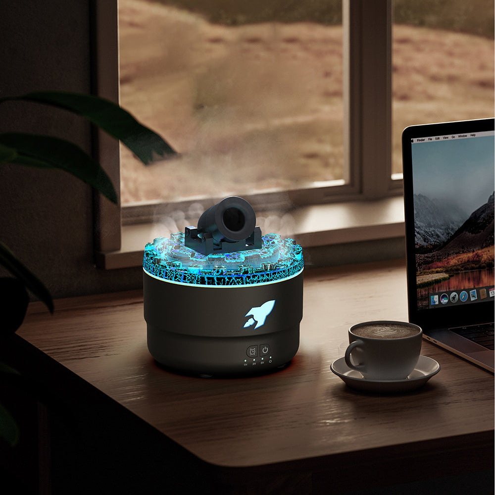 Raketenförmiger Luftbefeuchter mit LED-Licht auf Schreibtisch, modern, schwarz, USB-betrieben.