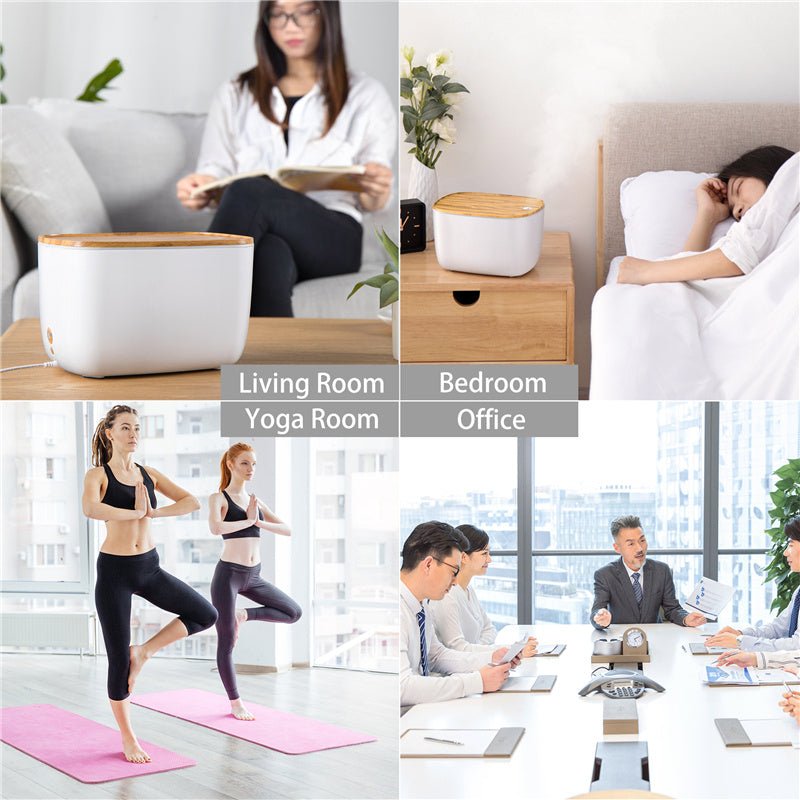 Moderner Luftbefeuchter aus Holz und Weiß für Wohnzimmer, Schlafzimmer, Büro, Yoga-Raum.