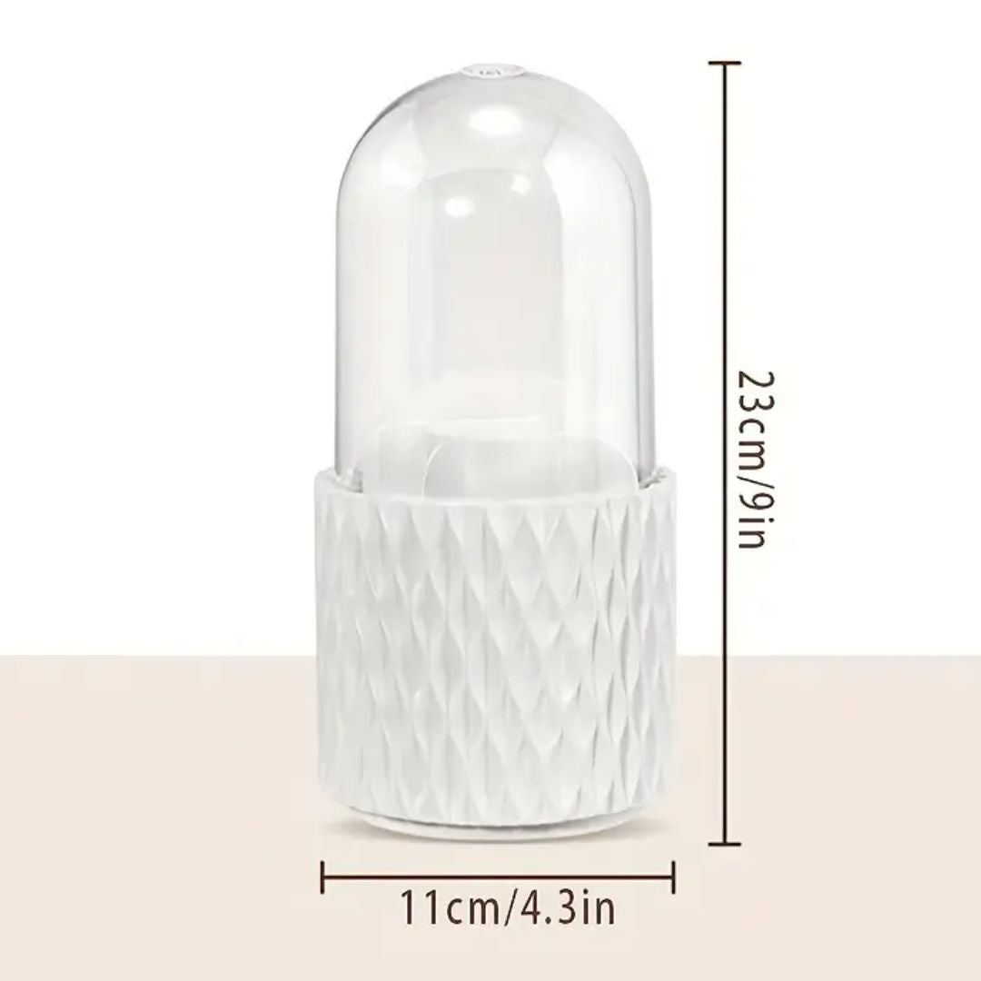 Weißer Luftbefeuchter mit transparentem Deckel, 23 cm hoch, modernes Design.
