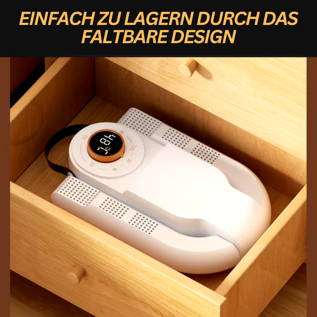 Tragbarer weißer Luftentfeuchter im Schubladenfach, faltbares Design, digitale Anzeige.