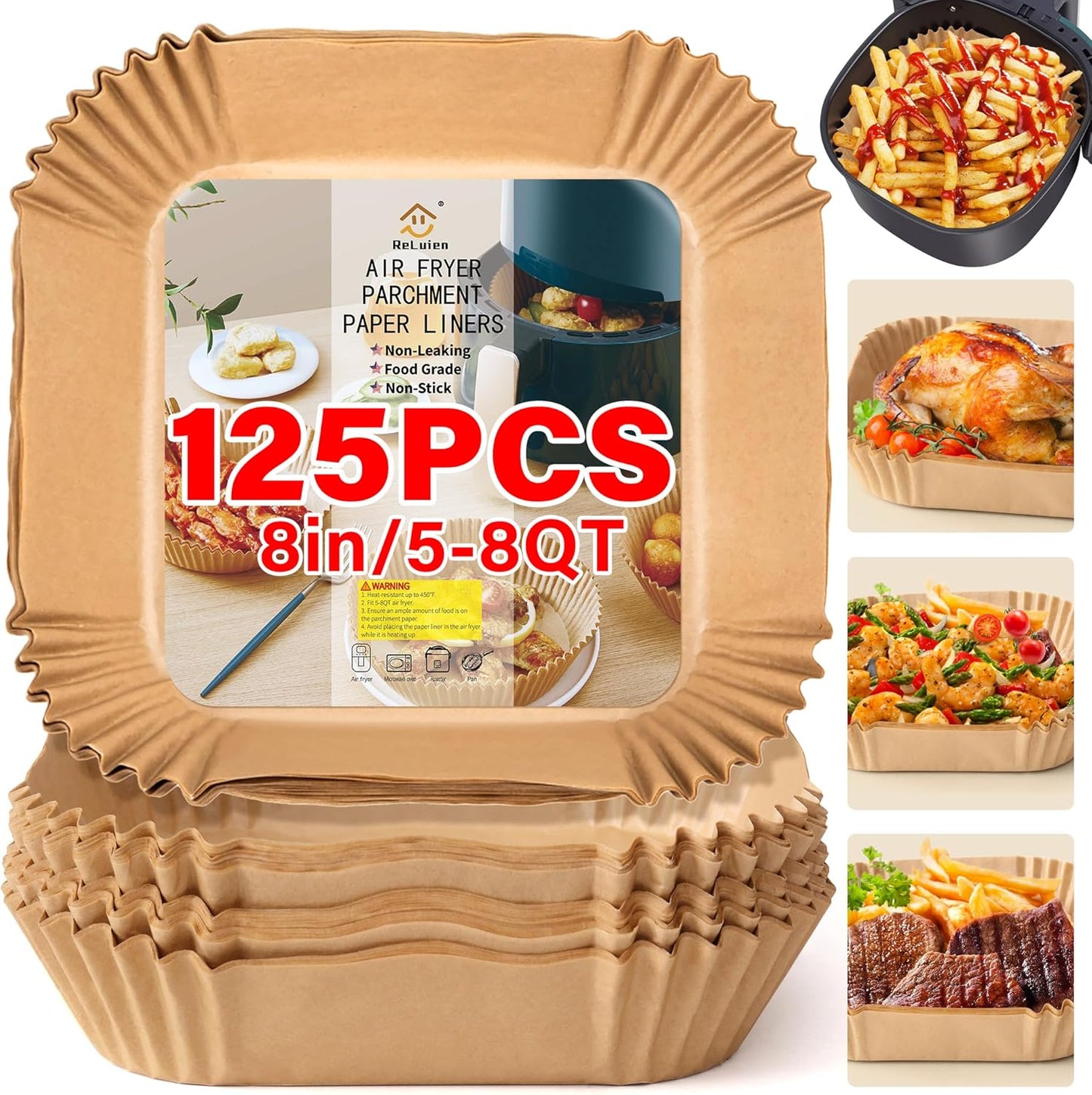 Braune quadratische Backpapier-Einlagen für Heißluftfritteuse, 125 Stück, 8 Zoll, antihaftbeschichtet.