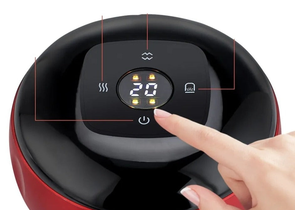 Roter digitaler Luftfritteuse-Display mit Touchscreen-Steuerung und Temperaturanzeige.