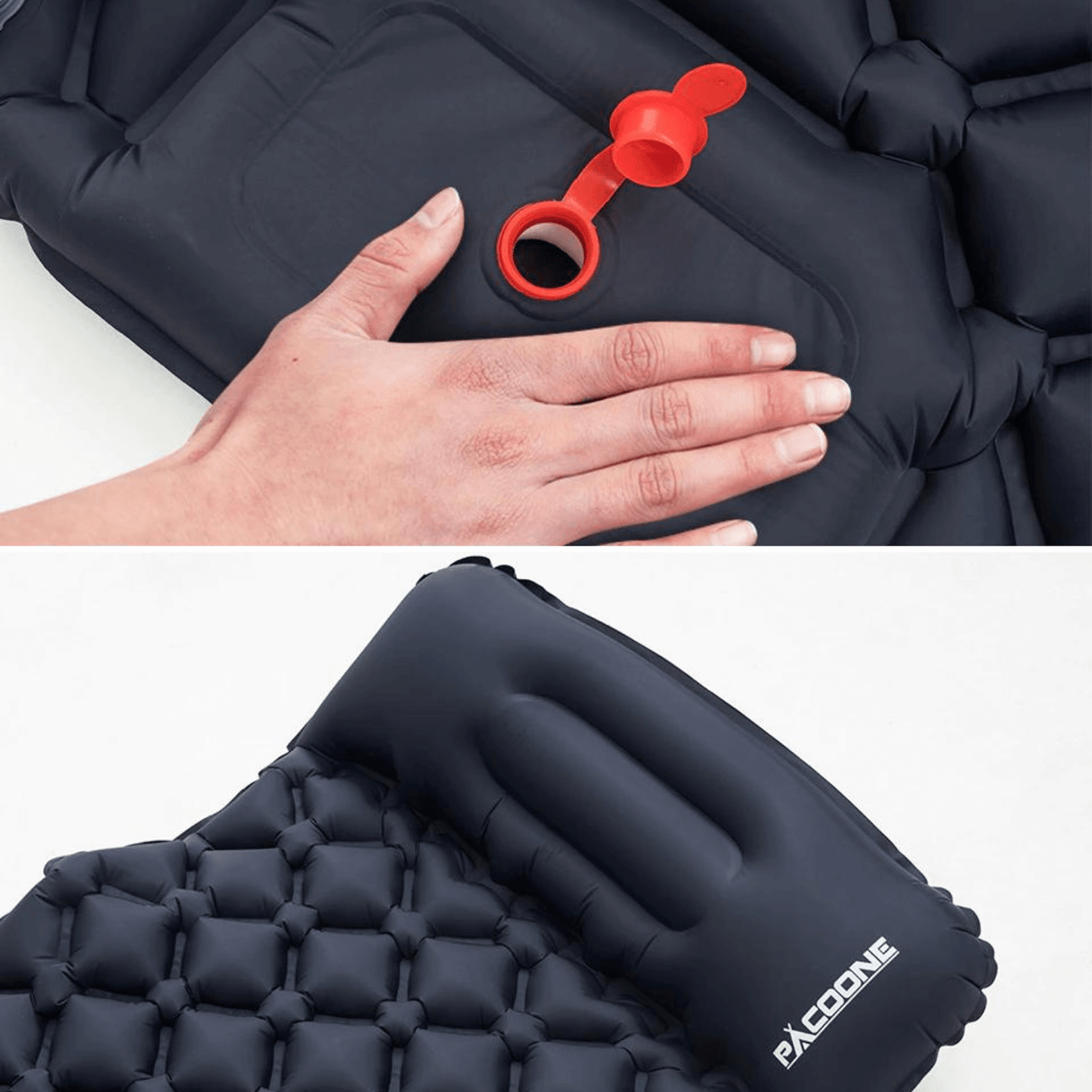 Schwarze aufblasbare Isomatte mit rotem Ventil, ideal für Camping und Outdoor-Aktivitäten.