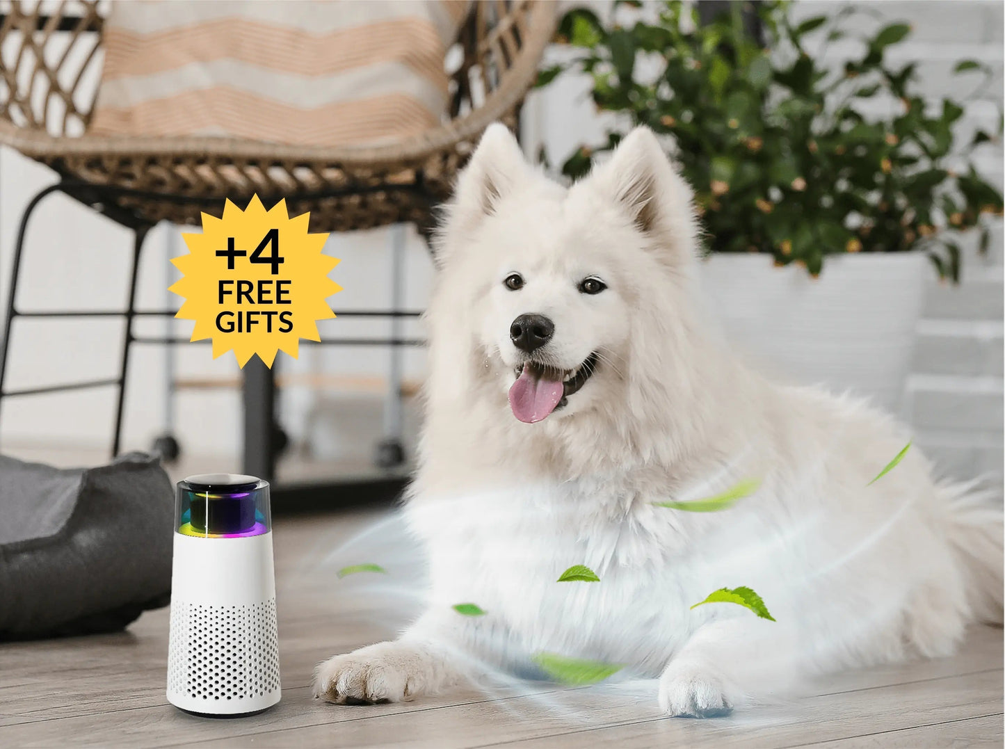 Weißer Hund neben Luftreiniger mit LED-Licht, Pflanzen im Hintergrund, modernes Interieur.