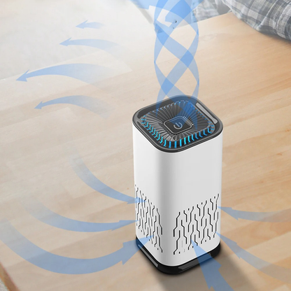 Weißer Luftreiniger mit blauen LED-Leuchten auf Holztisch, modernes Design, Luftfiltergerät.