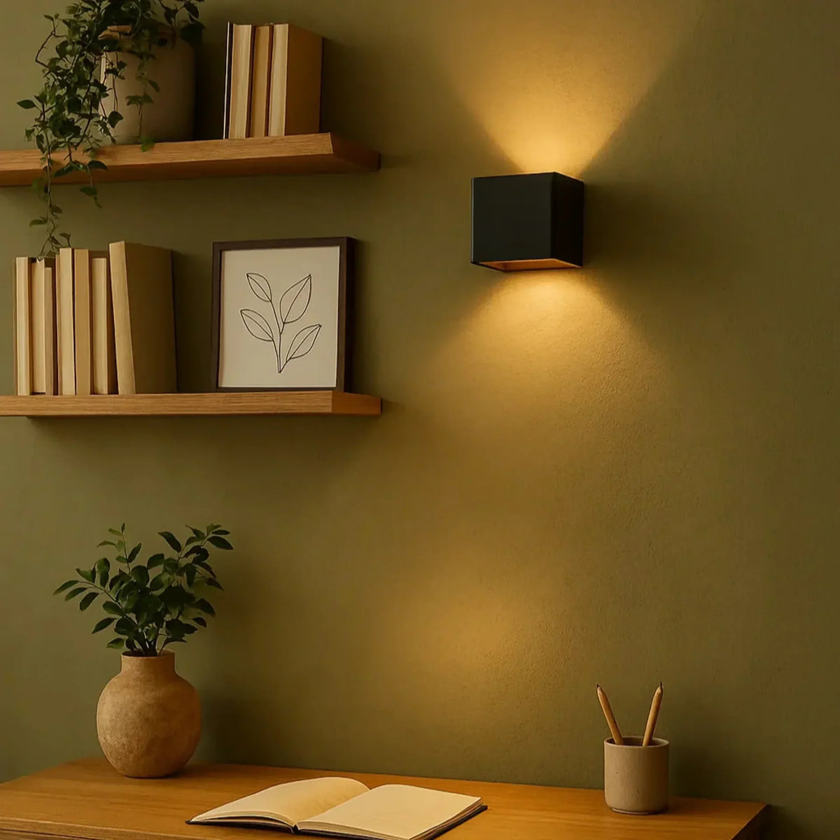 Svart vägglampa på grön vägg bredvid hyllor, skrivbord och en uppslagen bok 9
