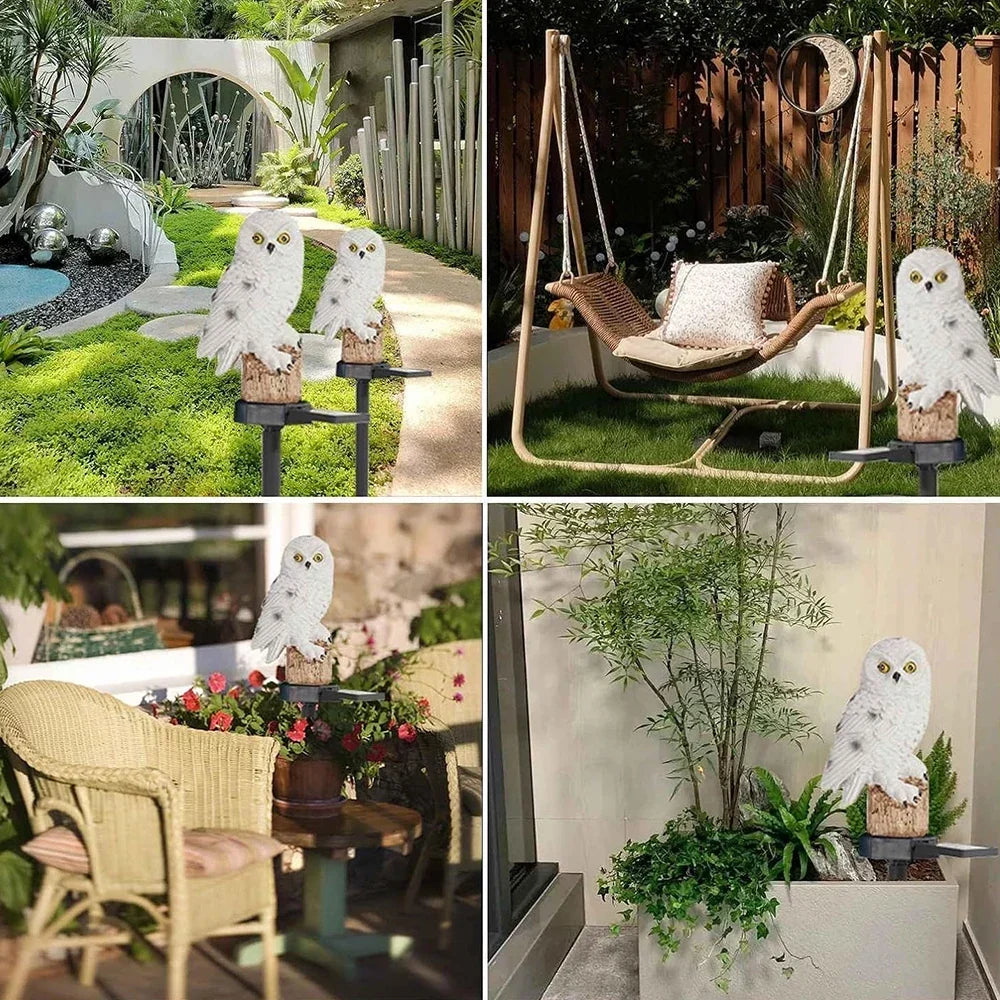 Collage med fyra miljöbilder där vita ugglelampor står vid trädgårdsstig, hammock, stolar med blommor och en kruka med växter. 13