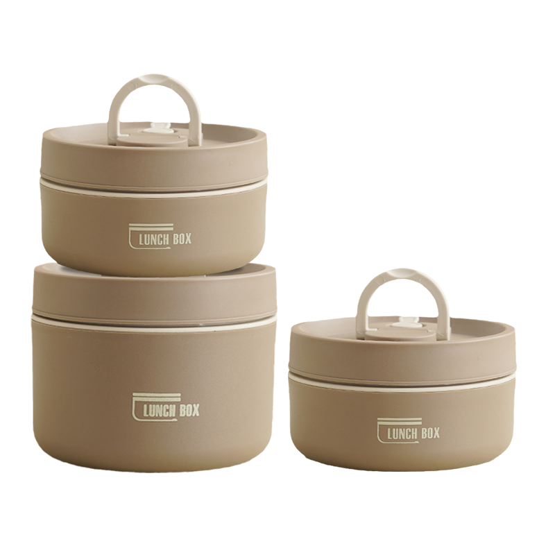Beige Lunchbox-Set aus Kunststoff, stapelbar, mit Griff, ideal für Mahlzeiten unterwegs.