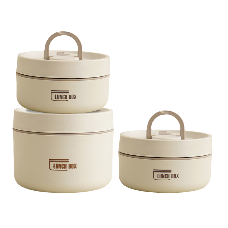 Beige Lunchbox-Set aus Kunststoff, stapelbar, mit Griff, ideal für Mahlzeiten unterwegs.