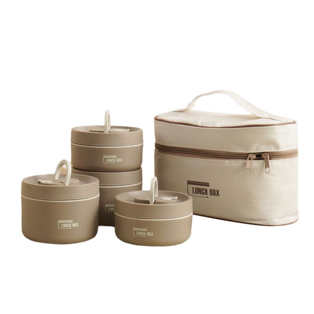 Thermische Lunchbox Set, beige, mit Aufbewahrungstasche, Bento Box, isoliert, für Schule.