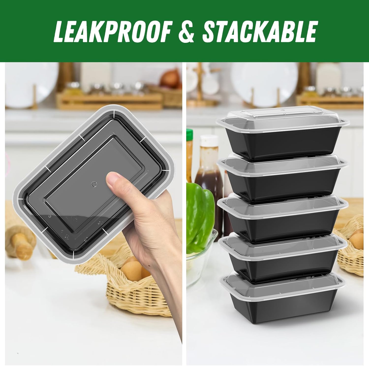 Stapelbare, auslaufsichere schwarze Kunststoff-Lunchboxen mit transparentem Deckel, 5er-Set.