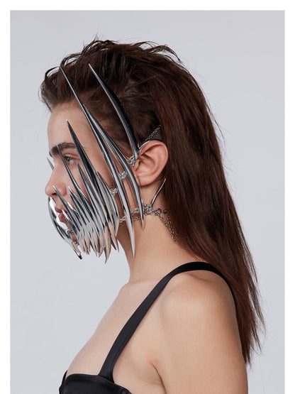 Silberne Cyberpunk-Maske, futuristisches Design, unisex, modisch, extravagant, Gesichtsschmuck.