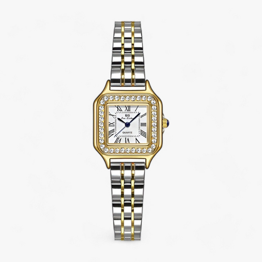 Luxus-Damenarmbanduhr, zweifarbig, quadratisches Zifferblatt, römische Ziffern, Strasssteine.