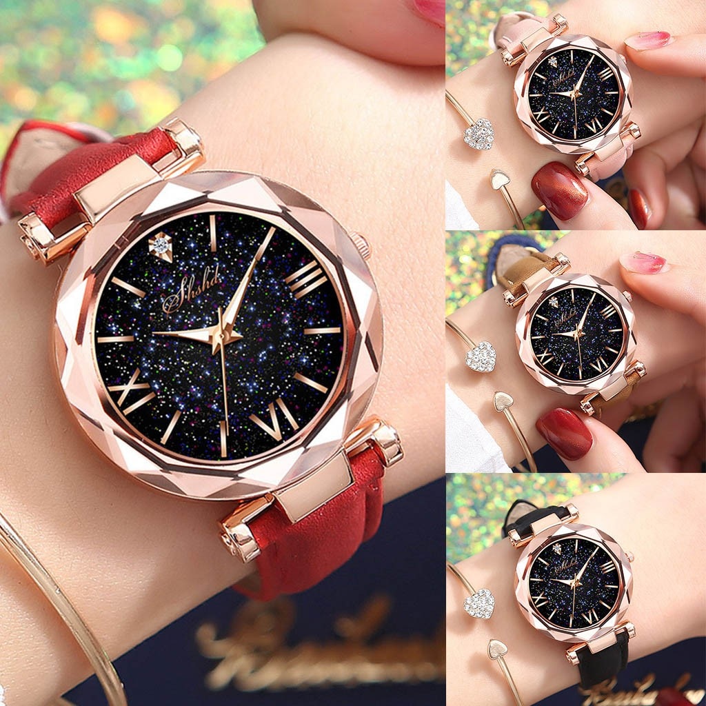 Luxus Damen Armbanduhr, roségold, rotes Lederarmband, funkelndes Zifferblatt, modisch.