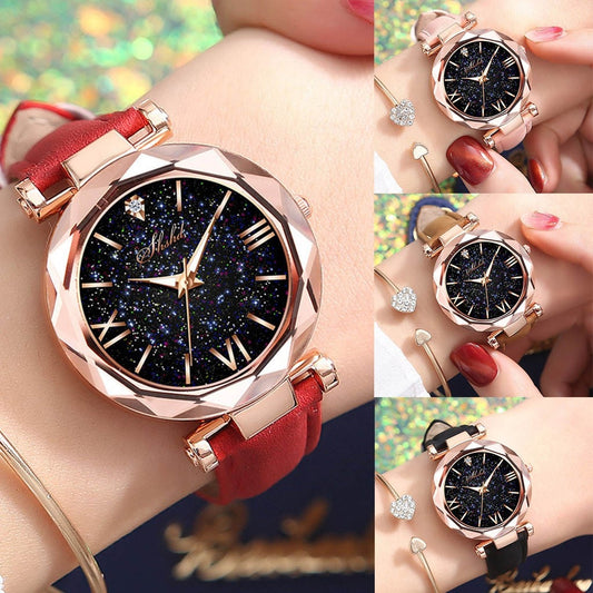 Luxus Damen Armbanduhr, roségold, rotes Lederarmband, funkelndes Zifferblatt, modisch.