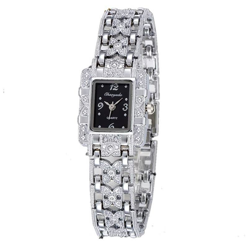 Luxus-Damenarmbanduhr, silber, rechteckiges Zifferblatt, Strasssteine, elegantes Design.