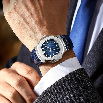 Luxus Herrenarmbanduhr, blaues Zifferblatt, Edelstahlgehäuse, elegantes Design, Business-Look.
