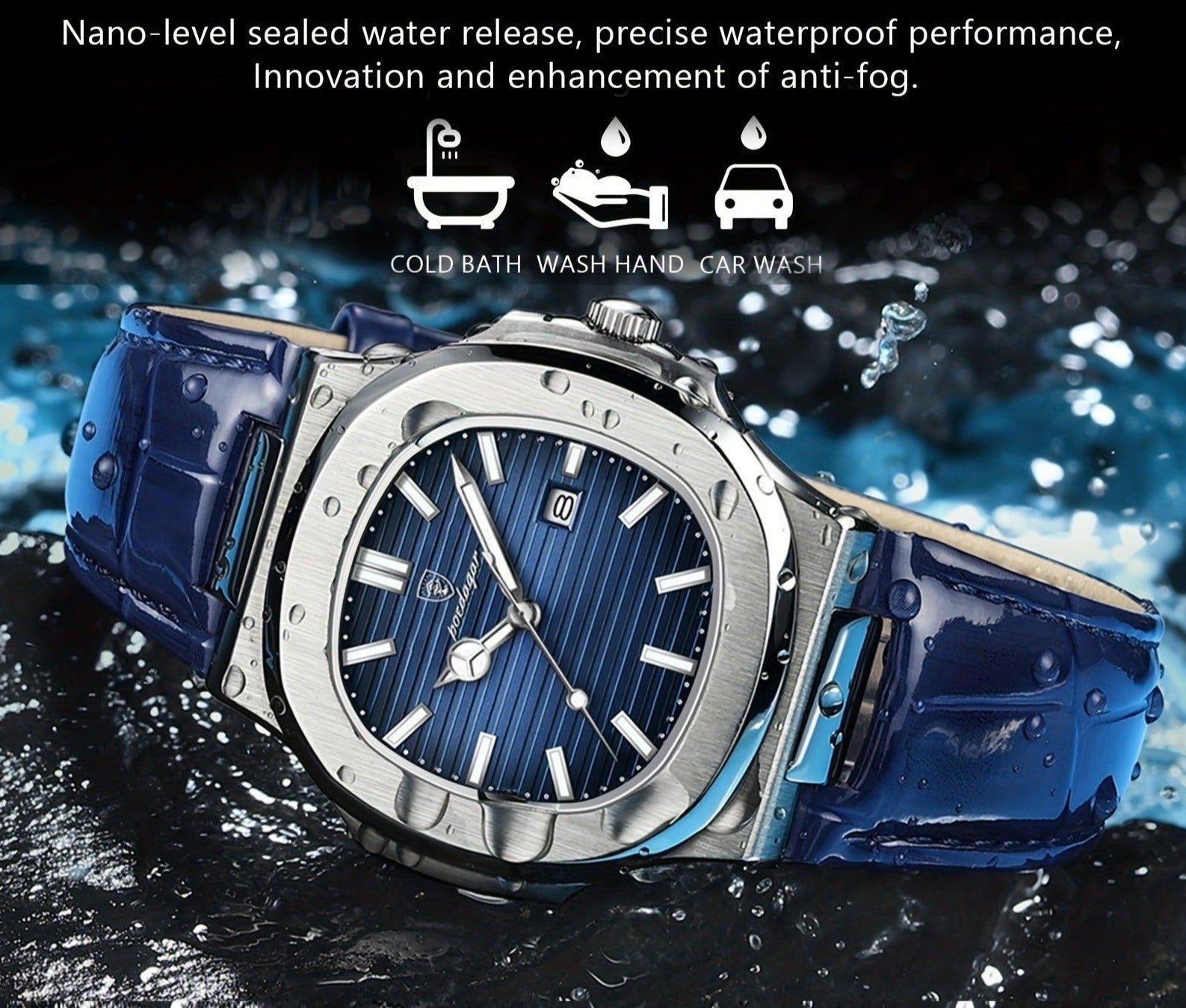 Luxus Herrenarmbanduhr, blaues Zifferblatt, Edelstahlgehäuse, wasserdicht, elegant.
