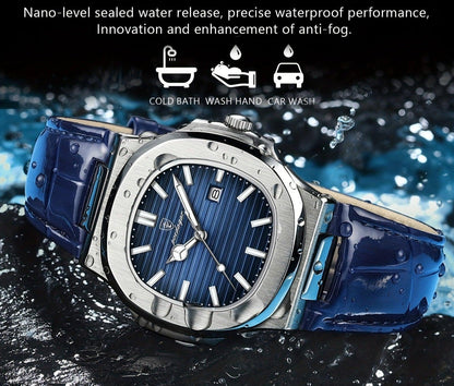 Luxus-Herrenuhr, Edelstahlgehäuse, blaues Zifferblatt, wasserdicht, elegantes Design