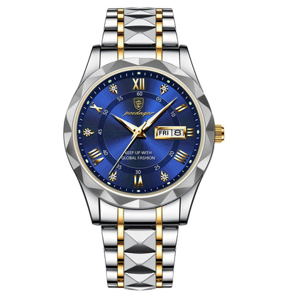 Luxus Herrenarmbanduhr, blaues Zifferblatt, Edelstahl, goldene Akzente, Datumsanzeige