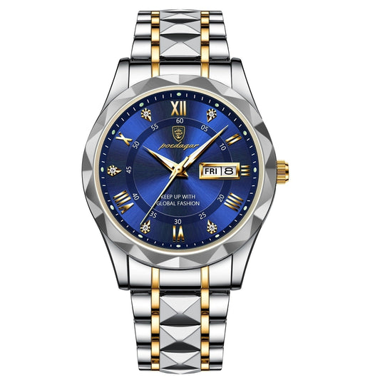 Luxus Herrenarmbanduhr, blaues Zifferblatt, Edelstahl, goldene Akzente, Datumsanzeige