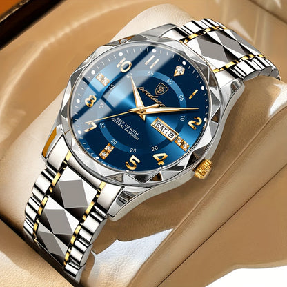 Luxus Herrenarmbanduhr, blaues Zifferblatt, Edelstahlarmband, goldene Akzente, analoges Display.