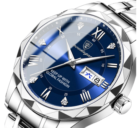 Luxus Herrenarmbanduhr, silbernes Edelstahlgehäuse, blaues Zifferblatt, römische Ziffern.