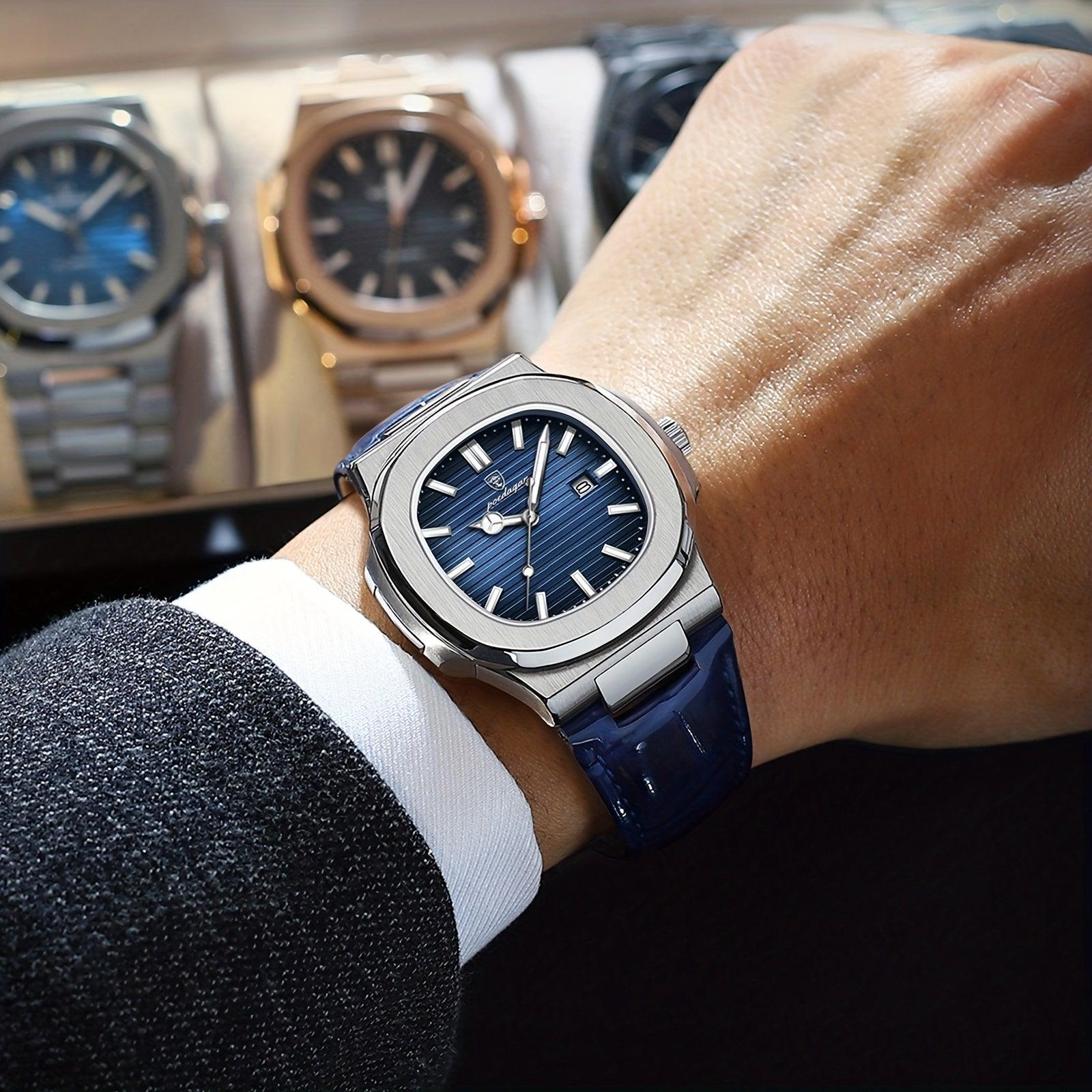 Luxus Herrenarmbanduhr mit blauem Zifferblatt und Edelstahlgehäuse, elegantes Design.