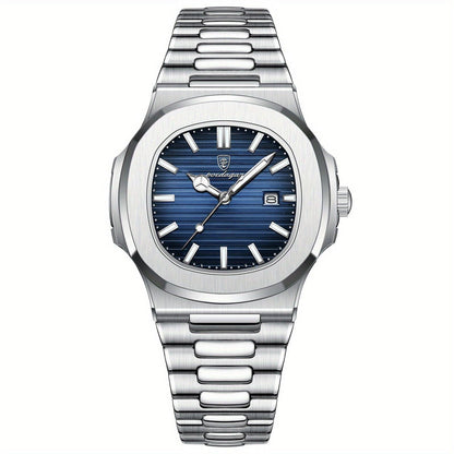 Luxus Herrenarmbanduhr, Edelstahl, blaues Zifferblatt, Datumsanzeige, elegantes Design
