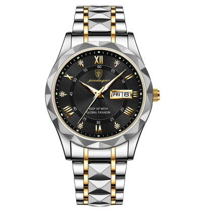 Luxus Herrenarmbanduhr, Edelstahl, zweifarbig, schwarzes Zifferblatt, Datumsanzeige.
