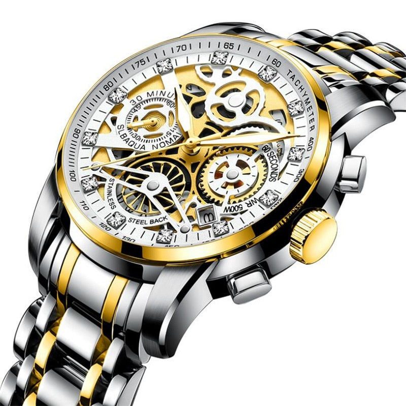 Luxus Herrenarmbanduhr, gold-silber, Skelettzifferblatt, Edelstahl, Chronograph, Diamantakzente.