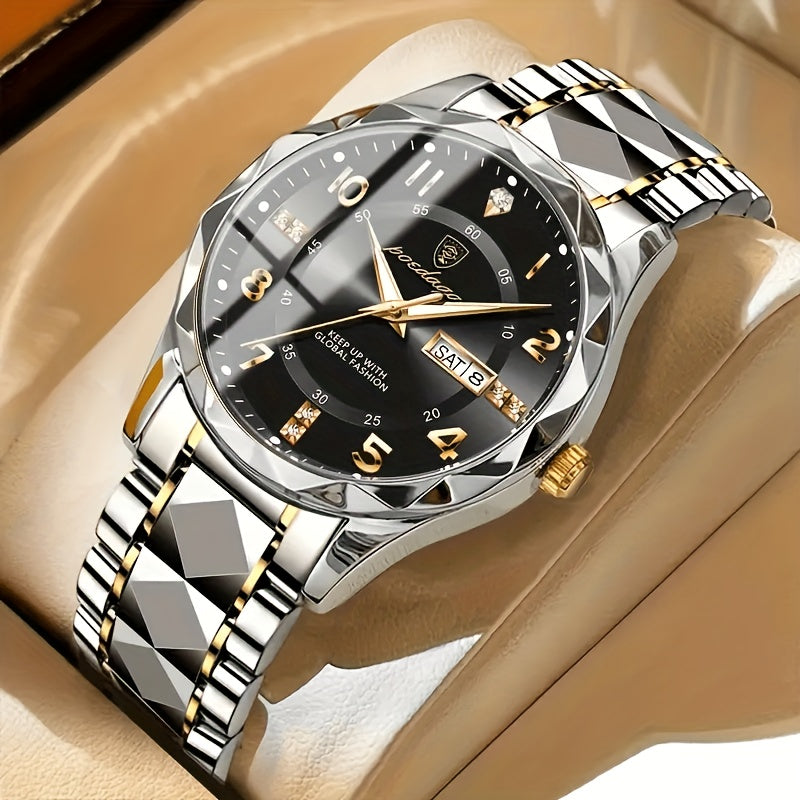 Luxus-Herrenuhr, Edelstahlarmband, schwarzes Zifferblatt, goldene Akzente, Datumsanzeige.