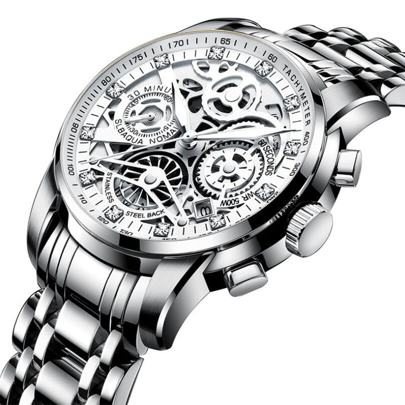 Luxus Herrenarmbanduhr, silber, Edelstahl, skelettiertes Zifferblatt, Chronograph, wasserdicht.
