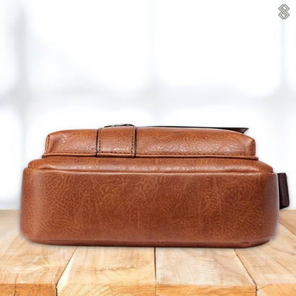 Braune Ledertasche auf Holztisch, luxuriöses Design, hochwertige Verarbeitung, stilvoll und elegant.