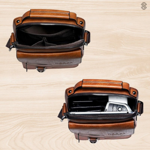 Braune Ledertasche mit Fächern, ideal für Herren, stilvoll und funktional, auf Holzoberfläche.