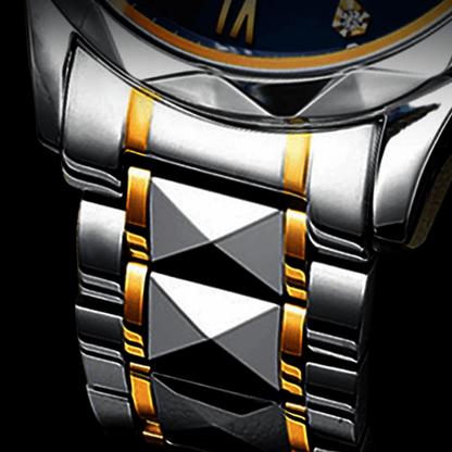 Luxus-Armbanduhr, Edelstahlarmband, silber-gold, geometrisches Design, Herrenaccessoire