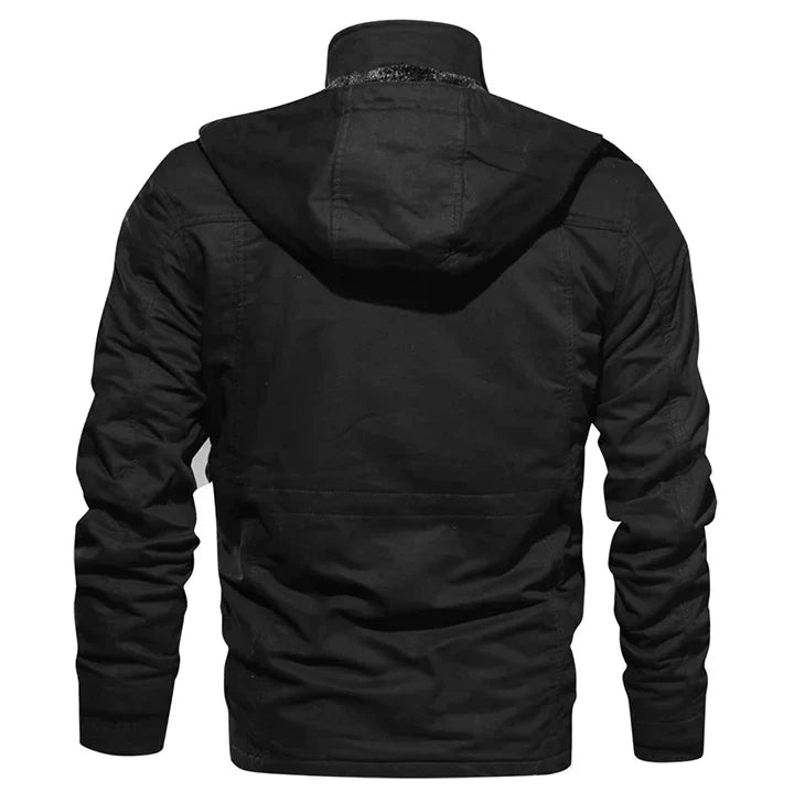 Schwarze Herrenjacke mit Kapuze, Baumwolle, lässig, modisch, Rückansicht.