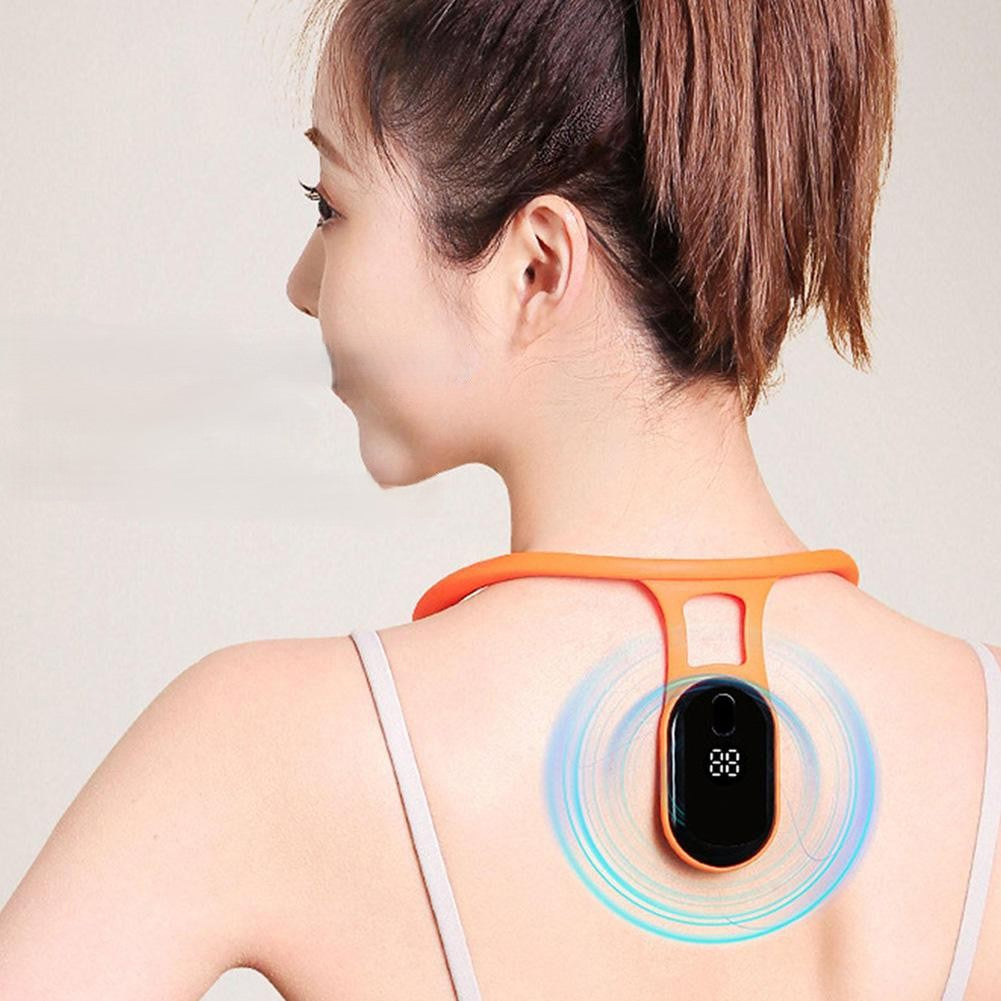 Tragbares Nackenmassagegerät, orange, für Männer und Frauen, zur Linderung von Nackenschmerzen.