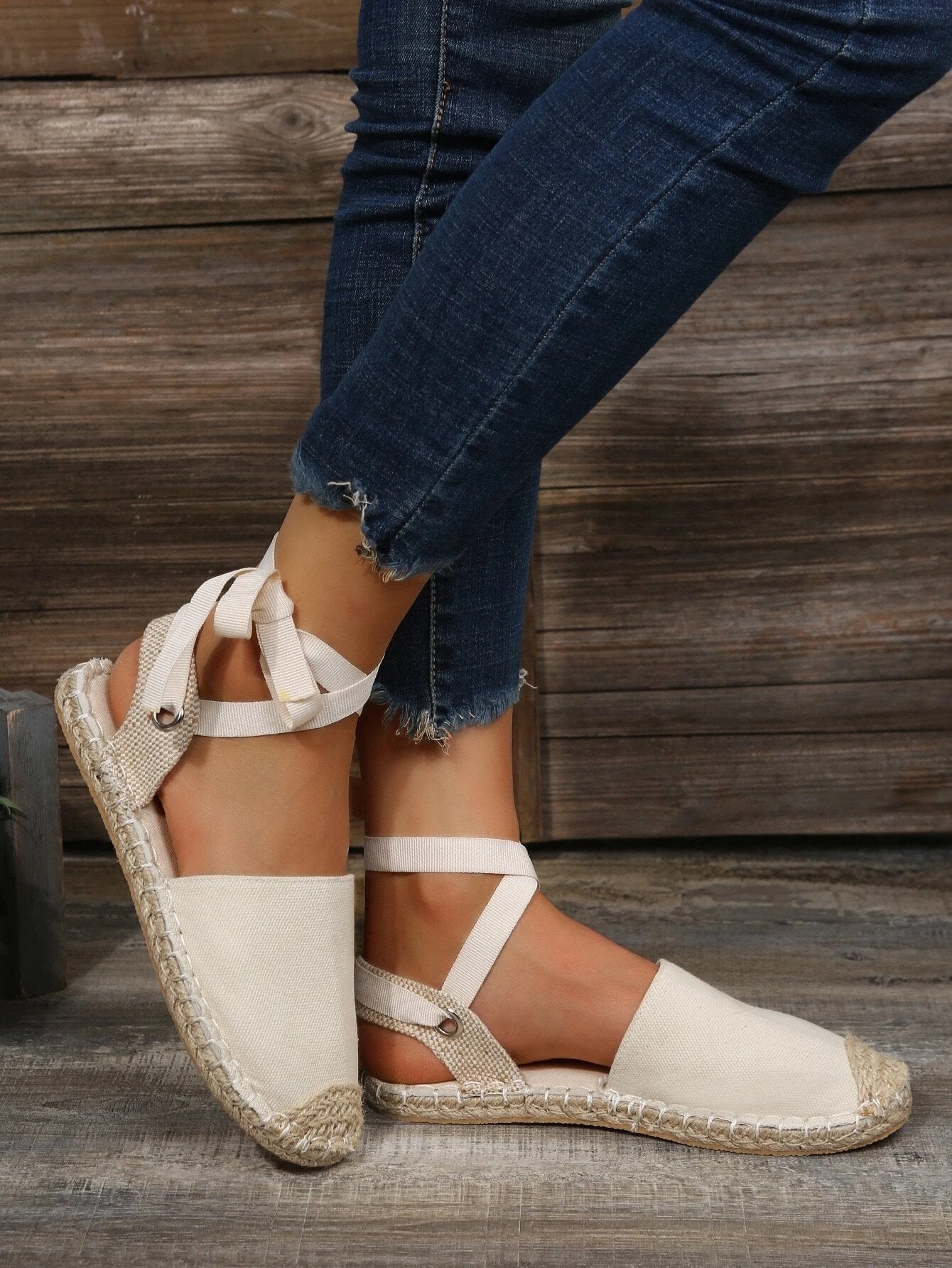 Damen Espadrilles Weiß, Leinen, Knöchelriemen, Sommermode, Freizeit, bequem, elegant