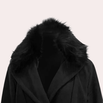 Schwarzer Mantel mit Kunstpelzkragen, elegantes Design, Wintermode, Damenbekleidung.