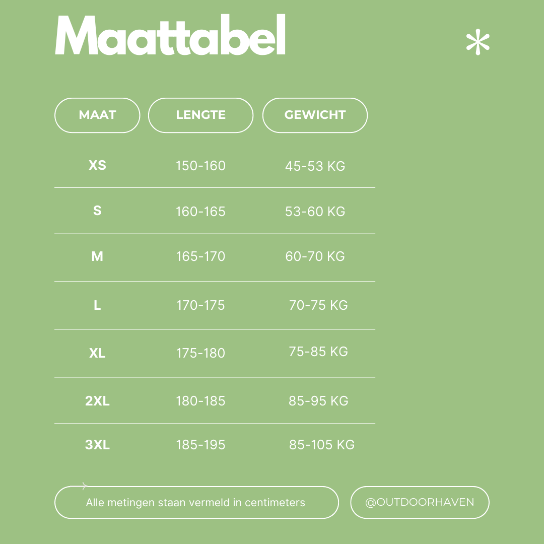 Größentabelle für Kleidung, grün, minimalistisch, Größen XS bis 3XL, Maße in cm und kg.