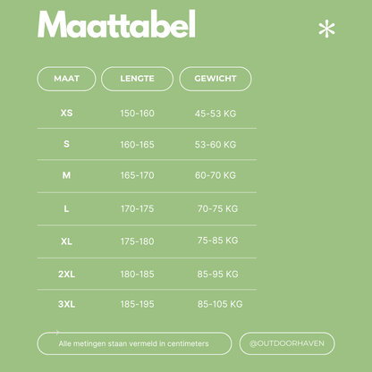 Größentabelle für Kleidung, grün, minimalistisch, Größen XS bis 3XL, Maße in cm und kg.