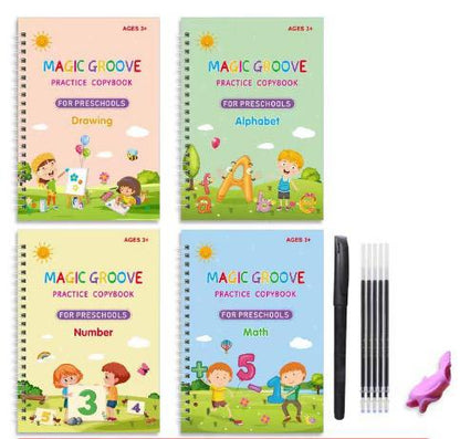 Vier Magic Groove Übungshefte für Vorschulkinder: Zeichnen, Alphabet, Zahlen, Mathematik.