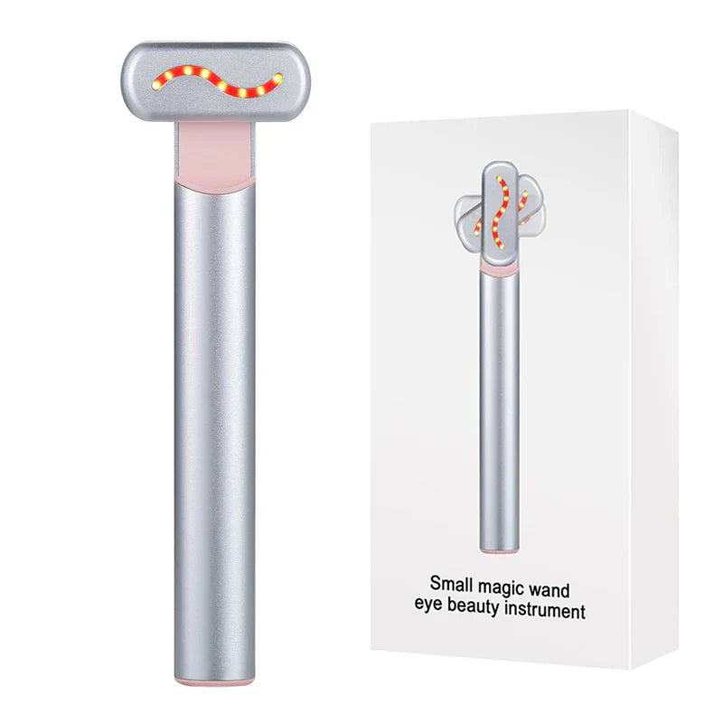 Silberner Augen-Massagegerät-Stab, Anti-Aging, tragbar, mit Verpackung, für Hautpflege.