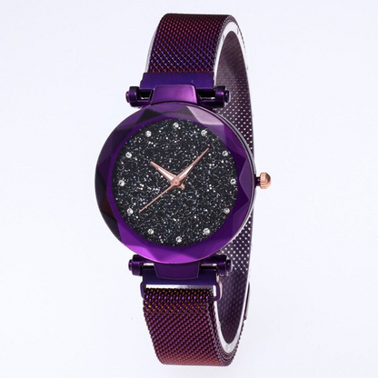Lila Damenarmbanduhr, magnetisch, Sternenhimmel-Design, Quarz, Kristallzifferblatt.